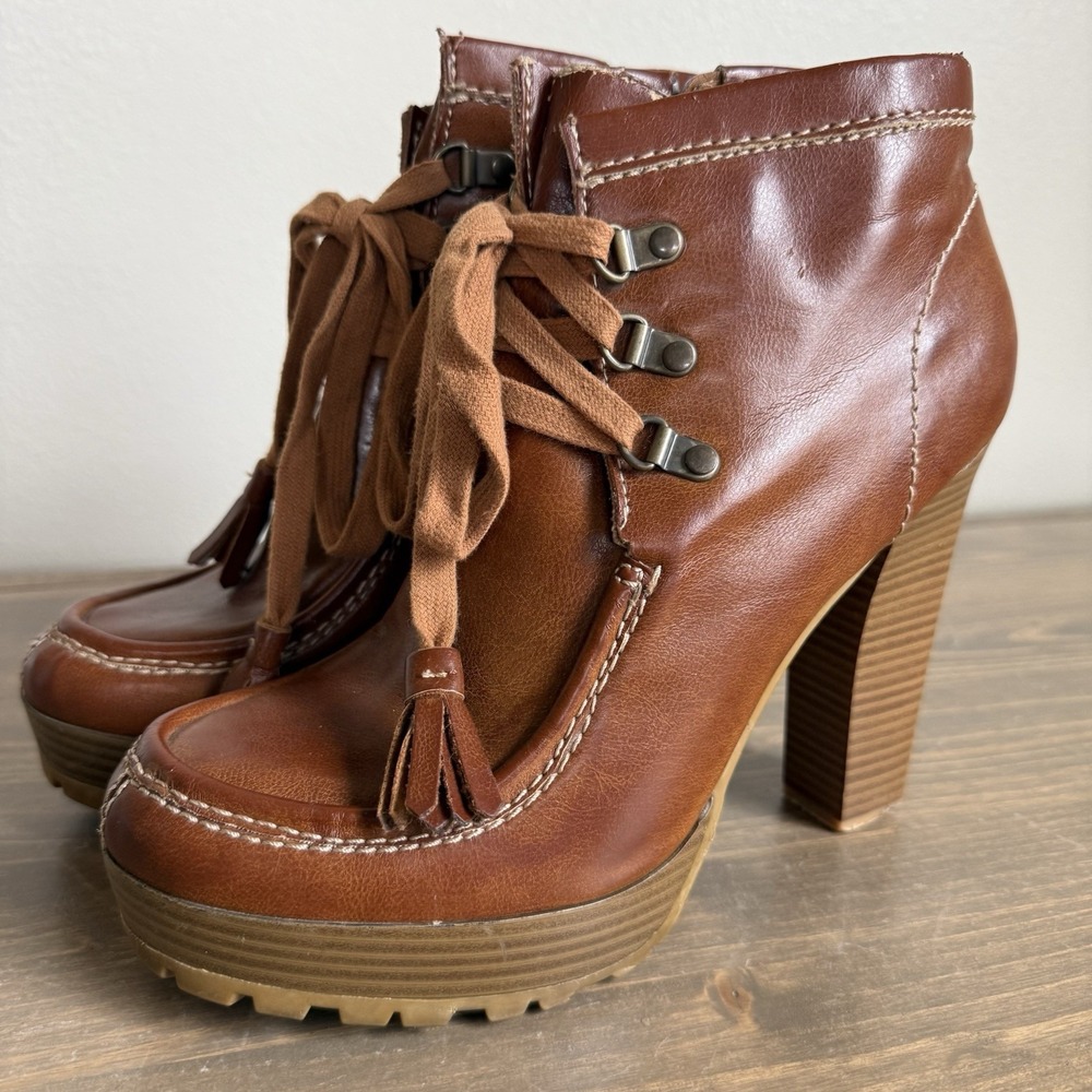 Mia Womens 10 Brown Layla Lace Up Super High Heel Ankle Boots Faux Leather Zip